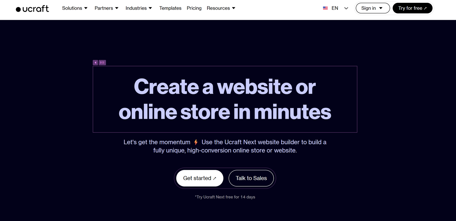 Ucraft Next dashboard interface showing AI-powered eCommerce website builder with white-label customization options