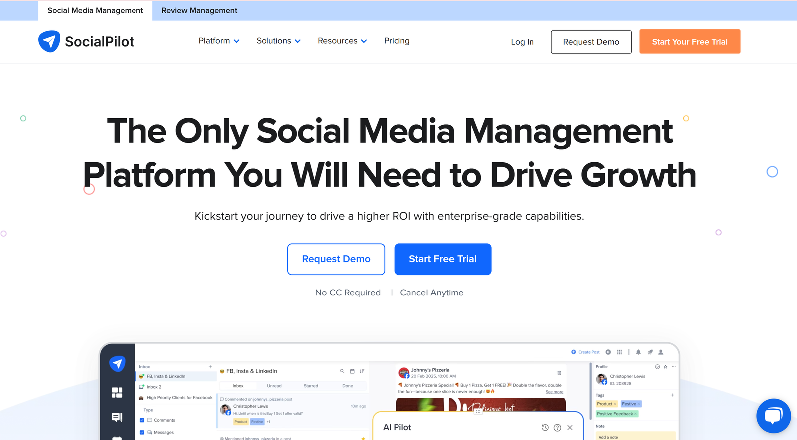  SocialPilot dashboard interface showing customizable white-label social media management analytics and scheduling features