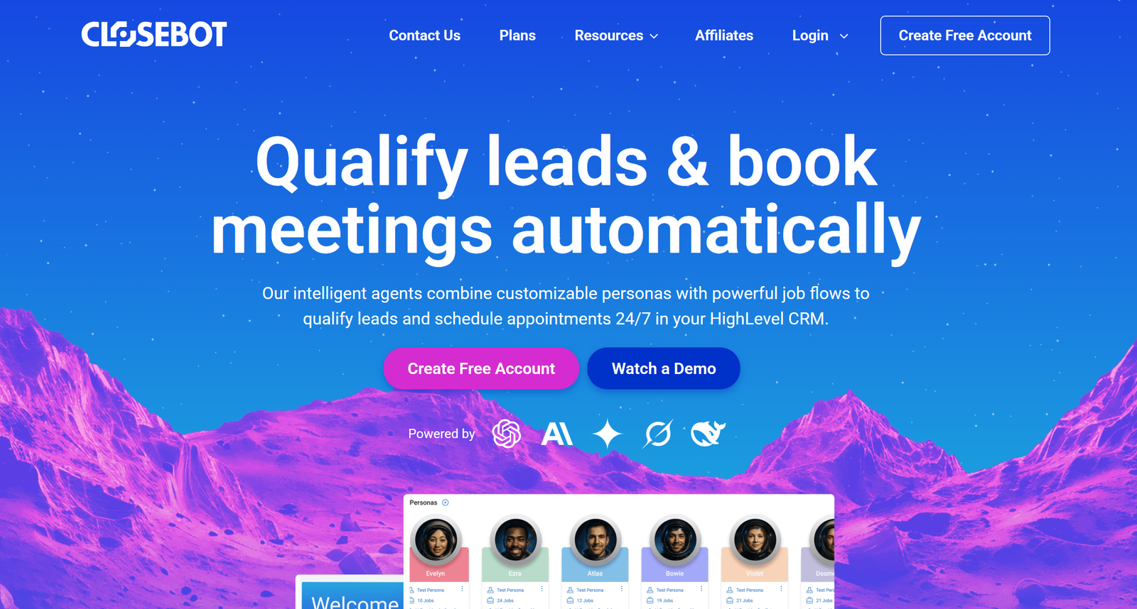 CloseBot dashboard showing branded AI agent workflows and real-time lead qualification metrics