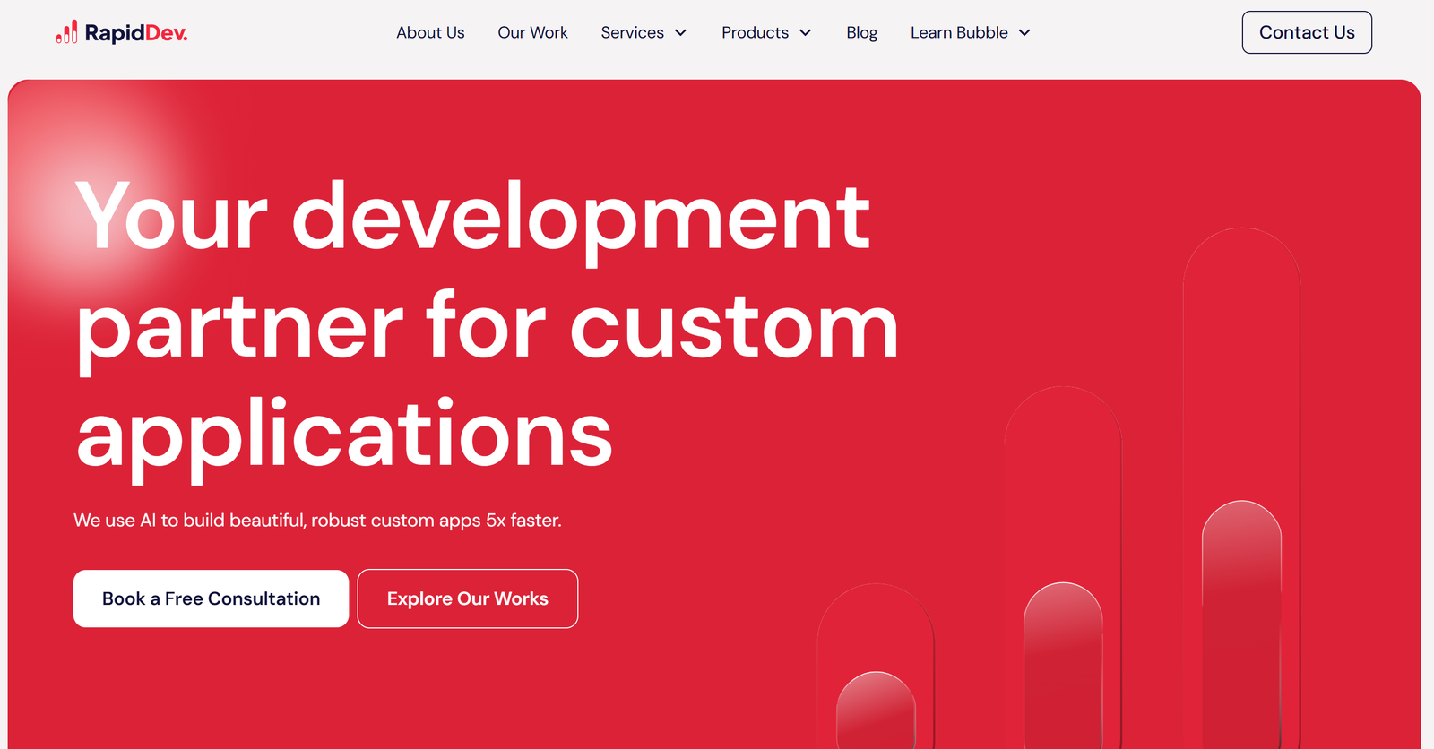 RapidDev no-code development agency dashboard showing custom Bubble.io application interfaces and project management tools