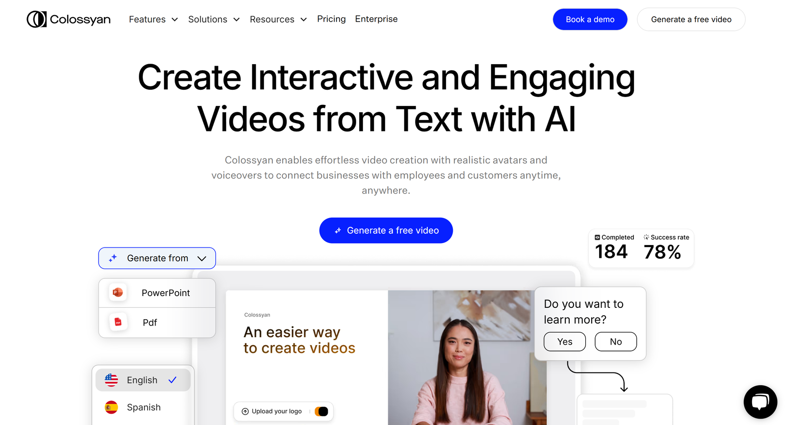 Colossyan AI video platform interface showing customizable avatars and multilingual training modules.