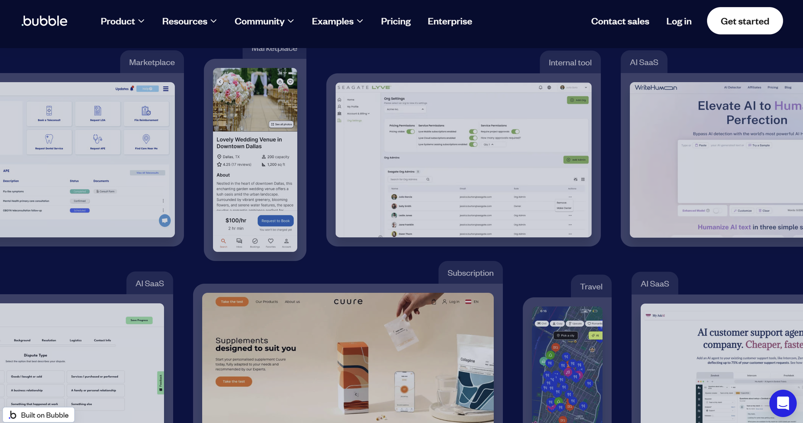 Bubble visual editor dashboard interface showing drag-and-drop no-code application development tools and workflow builder