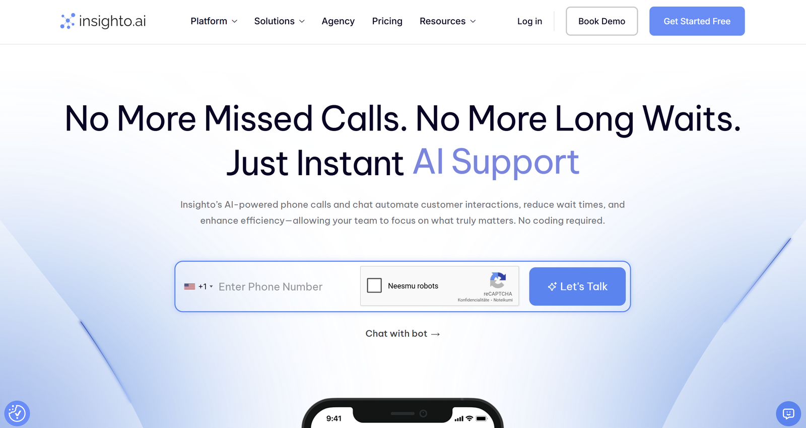 Insighto.ai dashboard interface showing white-label AI voice and chat agent management