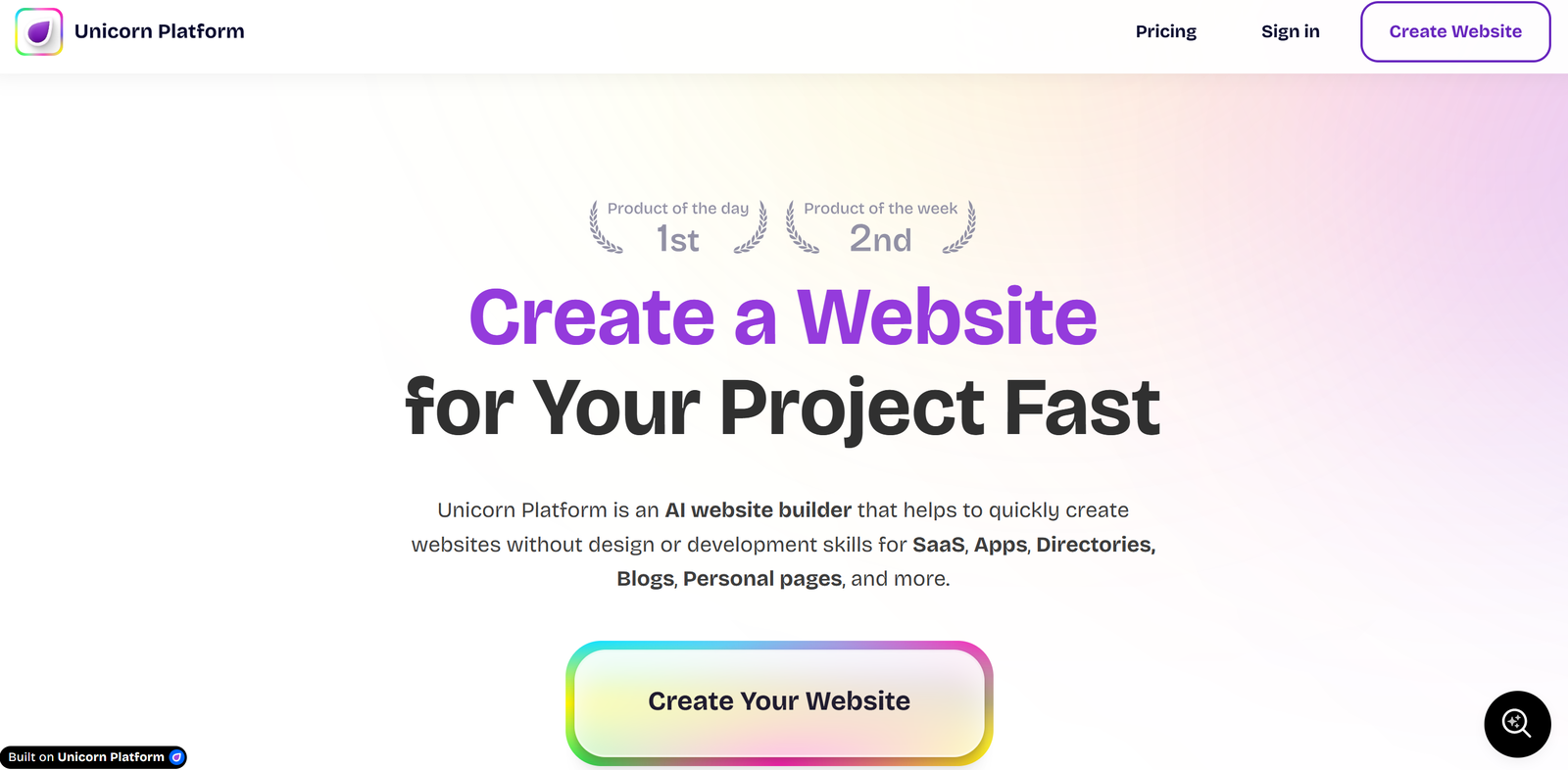 Unicorn Platform AI website builder dashboard showing drag-drop editor startup templates