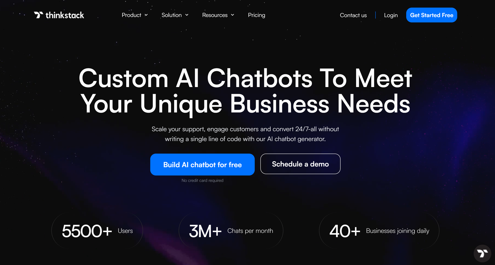 Thinkstack AI chatbot dashboard interface showing white-label customization and multi-channel deployment options
