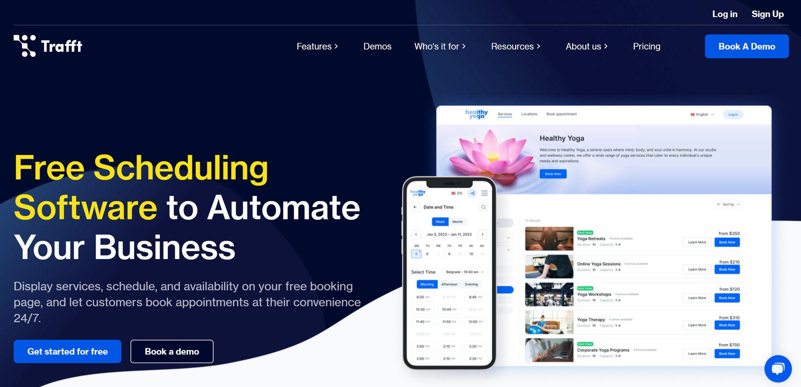 "Trafft dashboard interface showing customizable white-label appointment scheduling analytics and booking management