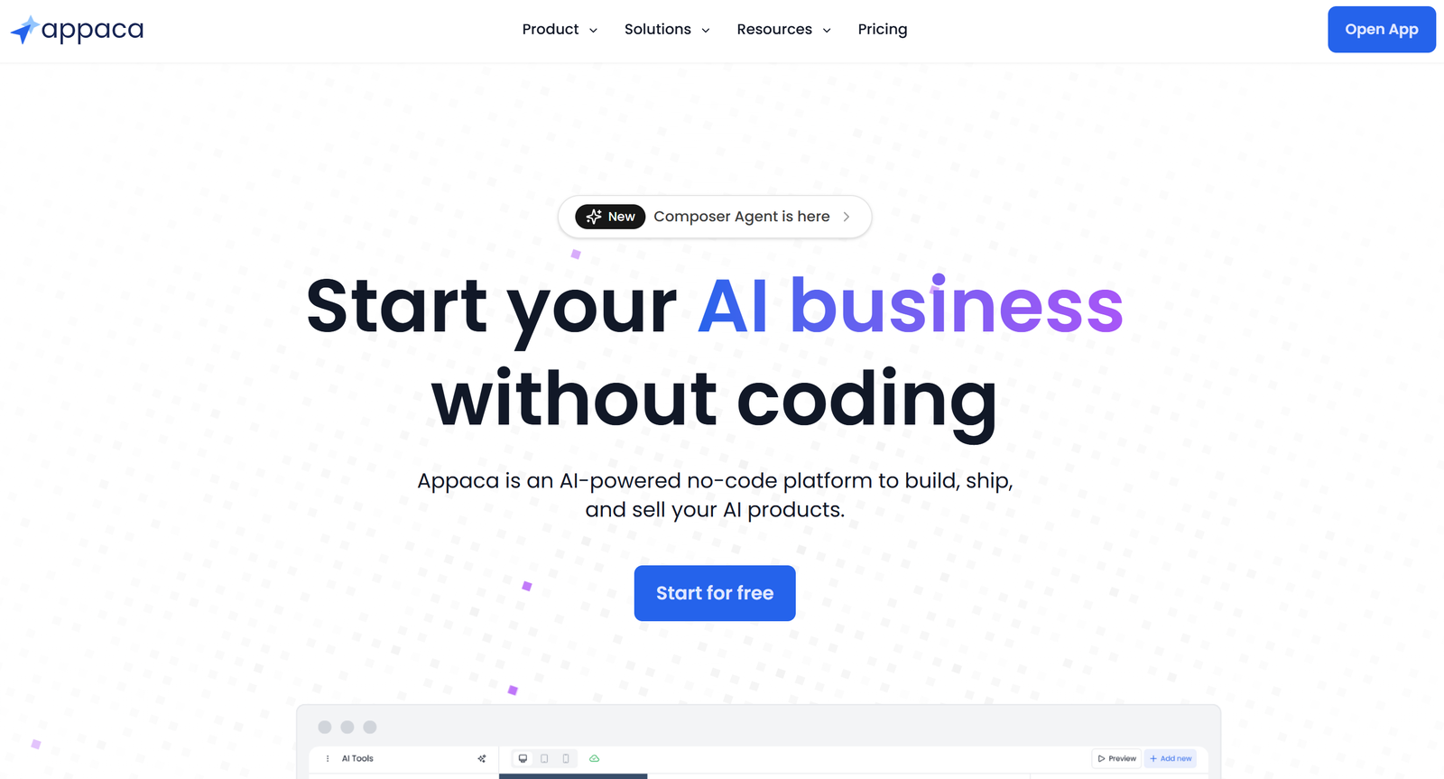 Appaca no-code AI app builder dashboard interface showing drag-and-drop workflow automation and custom branding options