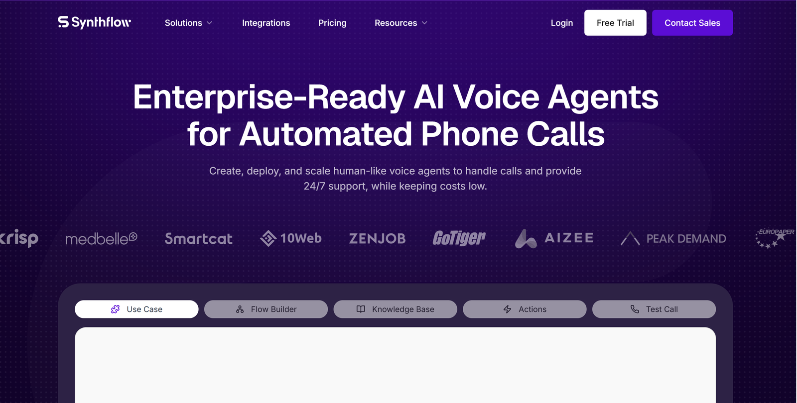 Synthflow AI dashboard interface showing customizable white-label voice agent analytics and workflow automation