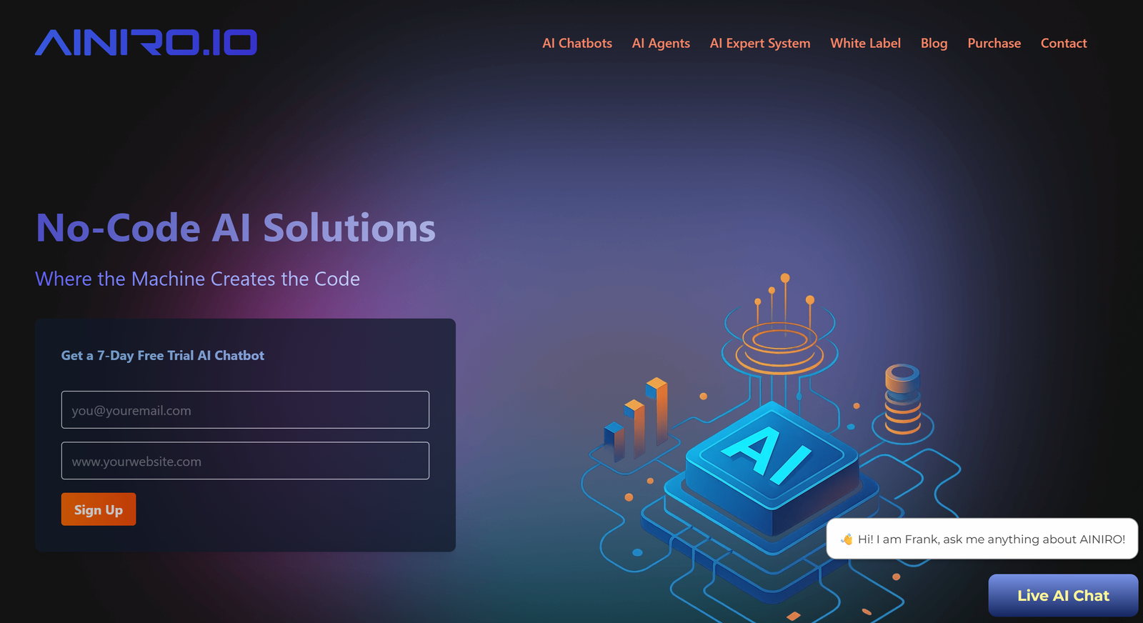 AINIRO.IO dashboard interface showing customizable white-label AI chatbot analytics and management tools