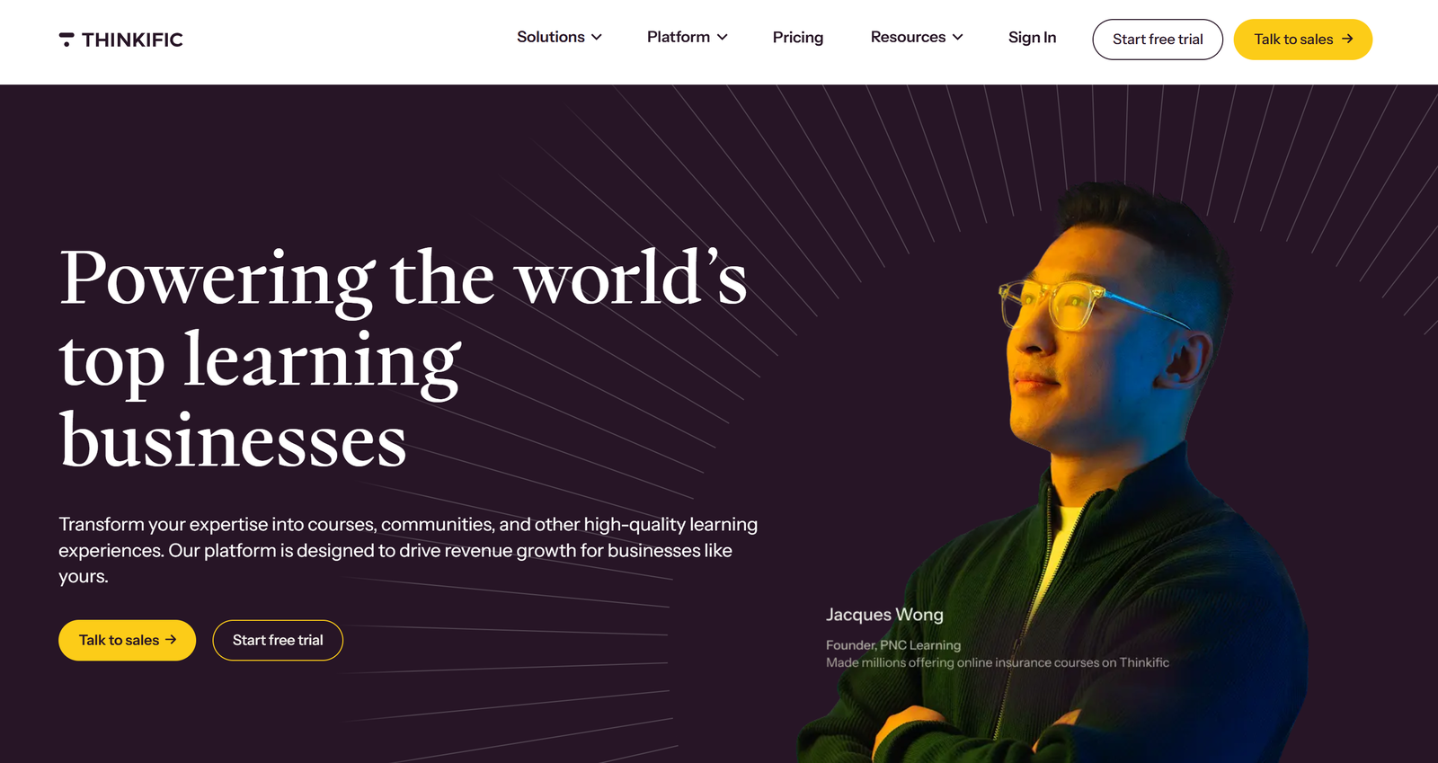 Thinkific dashboard interface showing customizable white-label course creation and analytics tools