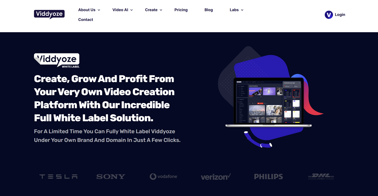 AI-powered white-label video creation SaaS platform with customizable branding and unlimited usage rights for agencies and businesses.