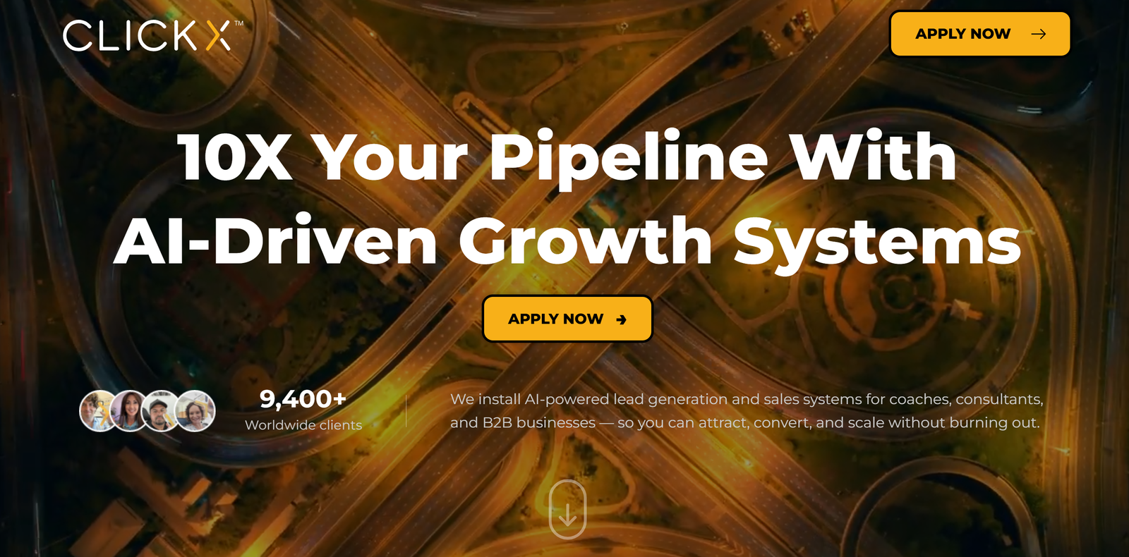 Clickx dashboard showing AI lead analytics and white-label client portals