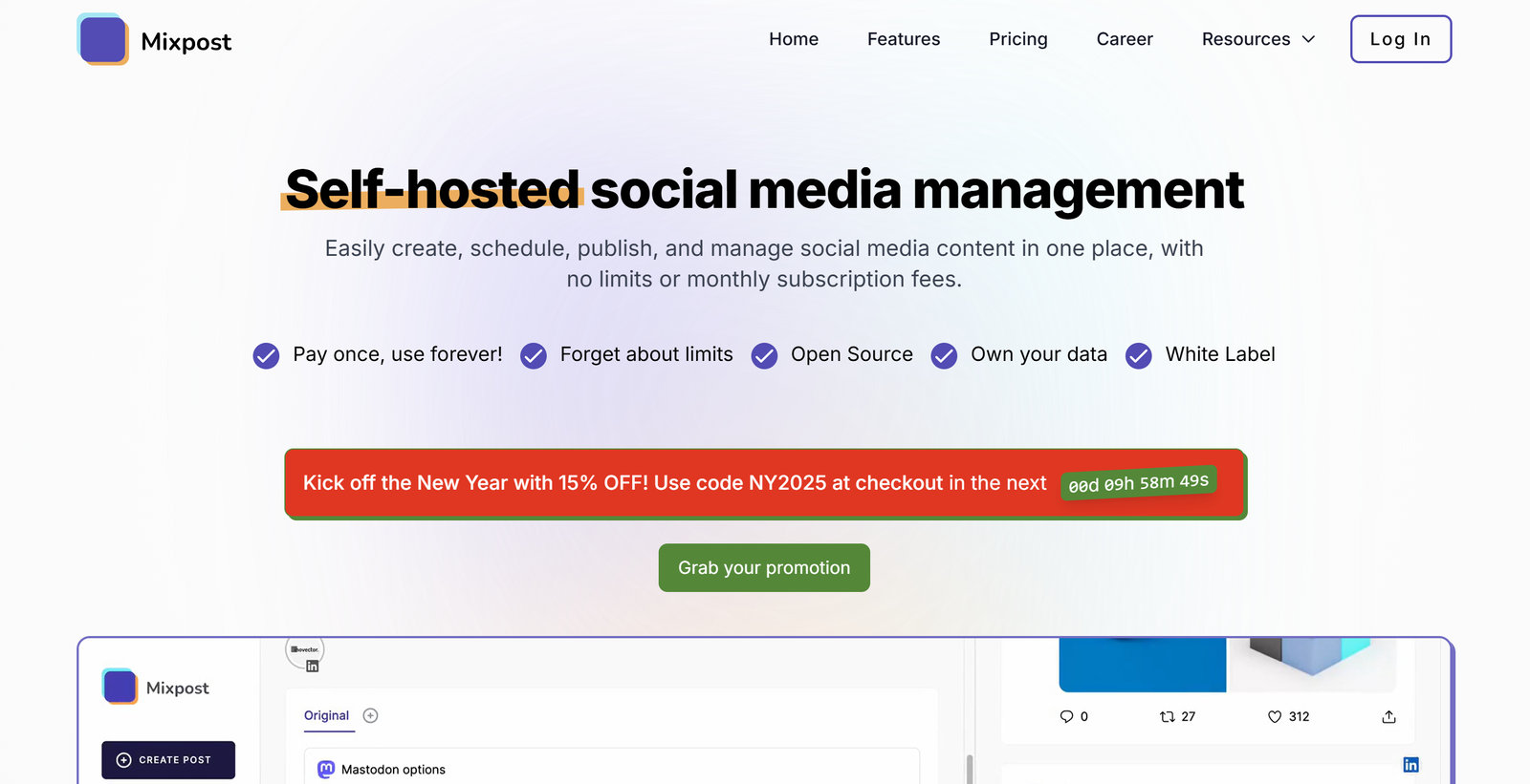 Self-hosted social media management platform with white-label dashboards, AI content tools, and multi-platform scheduling