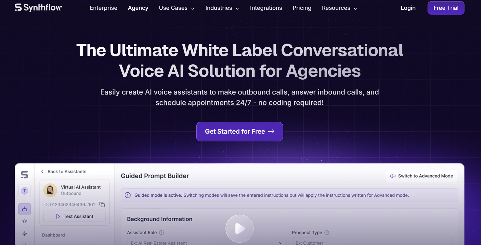 Synthflow AI dashboard showing real-time call analytics and white-label branding options.
