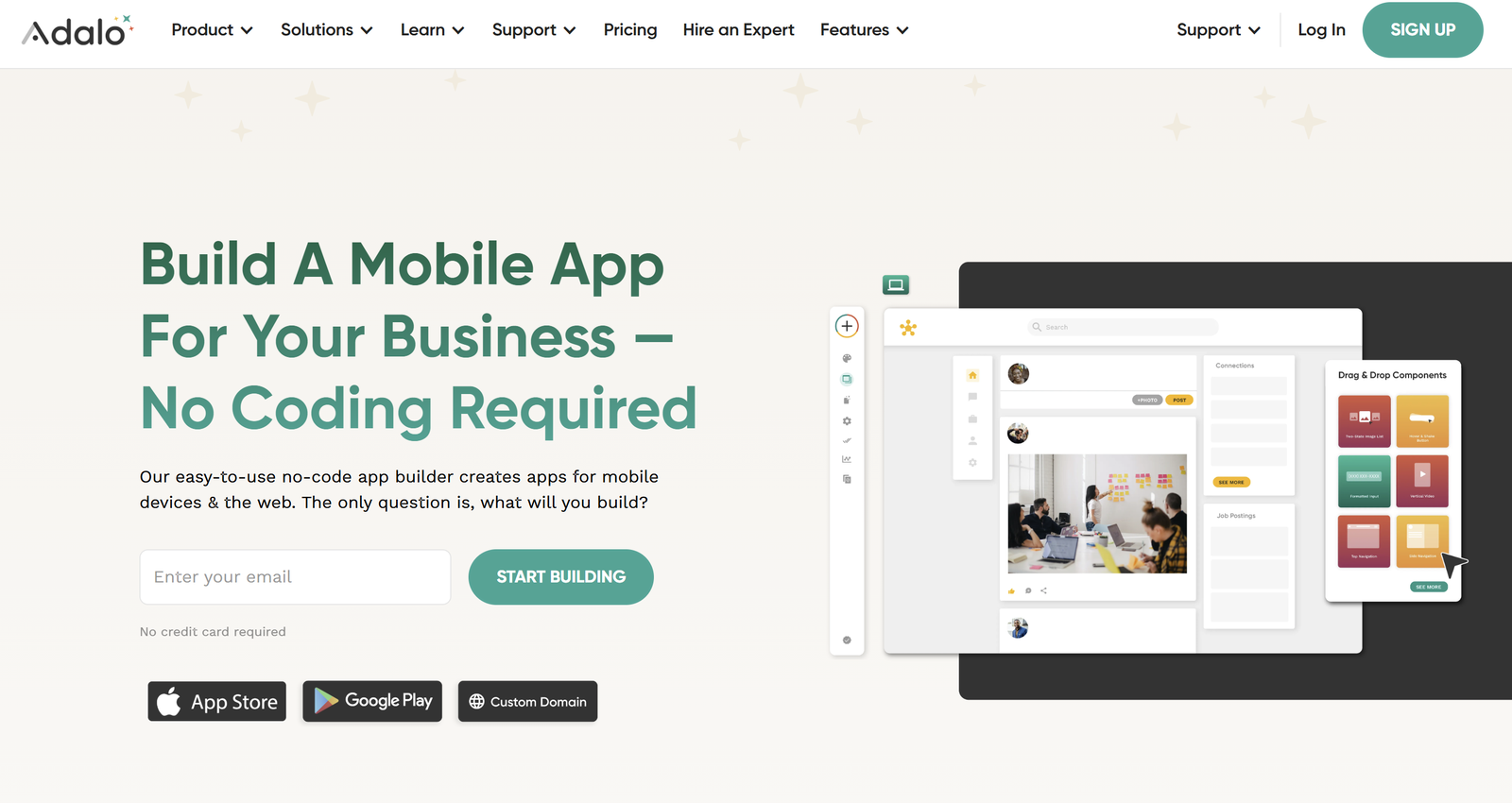 Adalo no-code app builder dashboard showing drag-and-drop interface for mobile app development