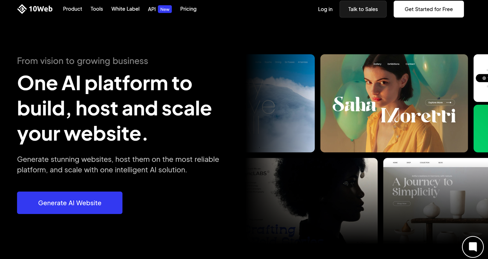 10Web dashboard showing white-label website builder, branded controls, and AI automation features