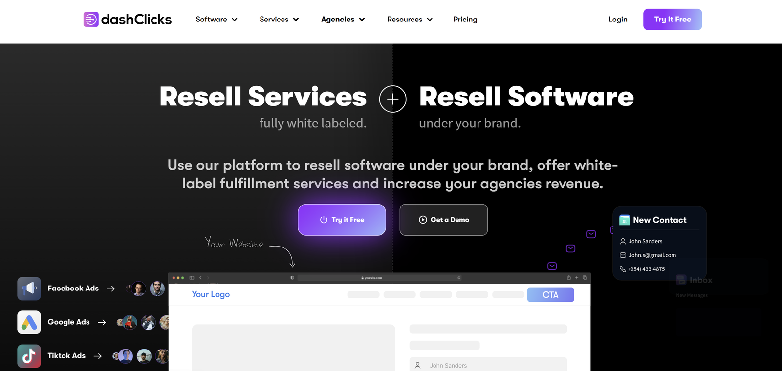 DashClicks’ white-label dashboard showcasing real-time analytics, lead management, and AI-driven reporting tools for digital agencies