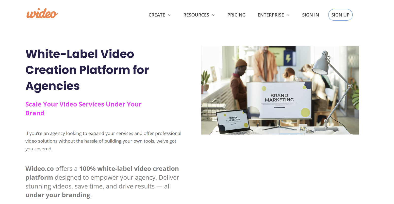 Wideo dashboard interface showing customizable white-label video creation templates and drag-drop editing tools
