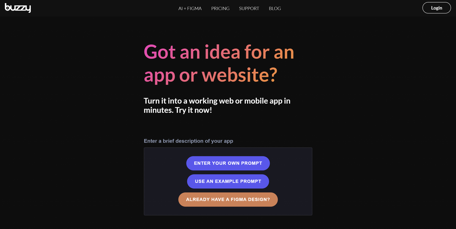 Buzzy AI no-code platform dashboard showing Figma integration and white-label app development interface