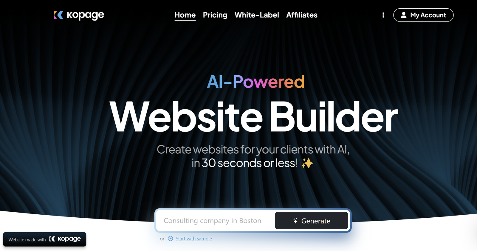 Kopage dashboard interface showing customizable white-label website builder with AI-powered design tools and agency management features