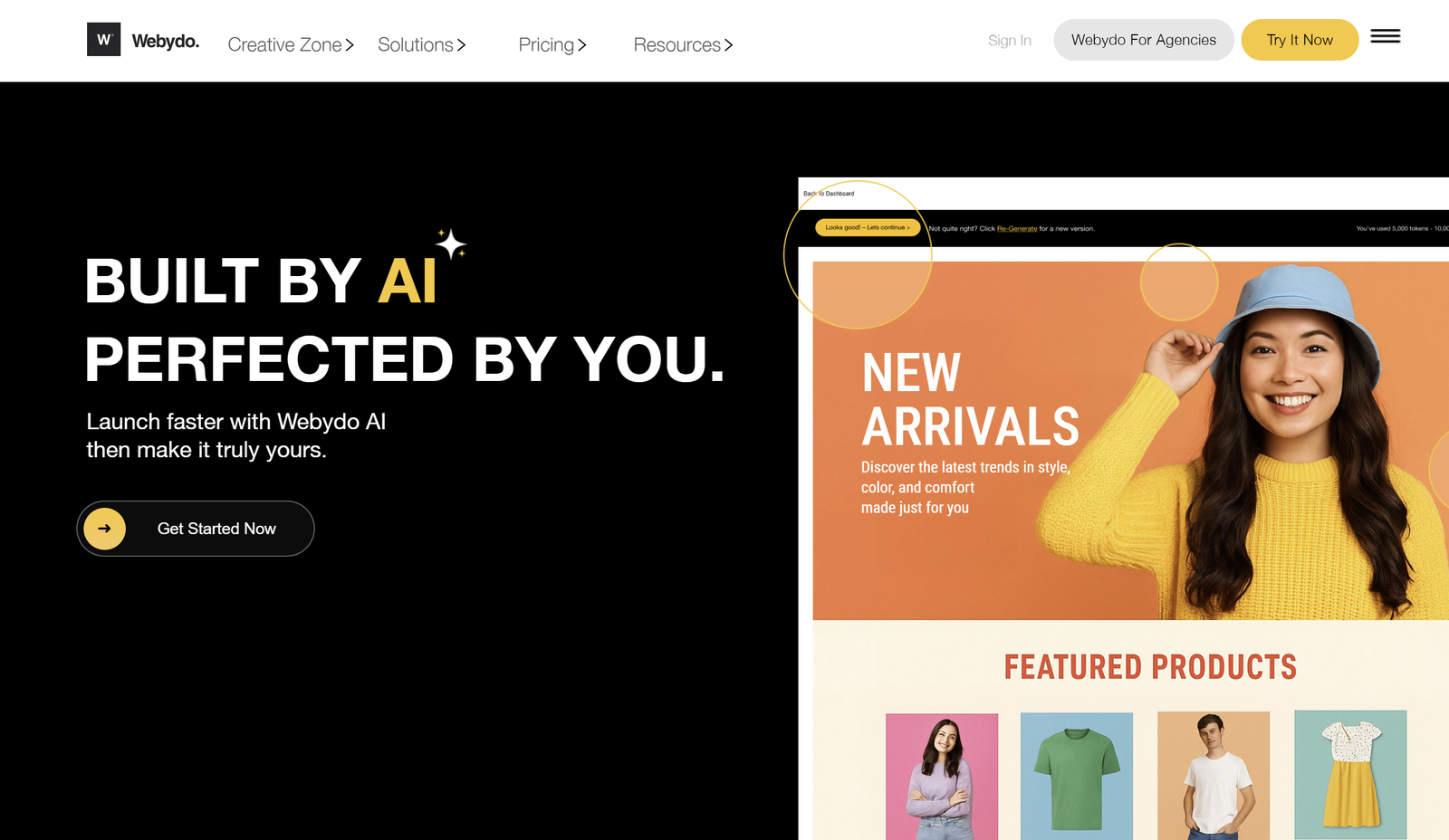 Webydo professional website builder dashboard interface showing white-label design tools and AI-powered features