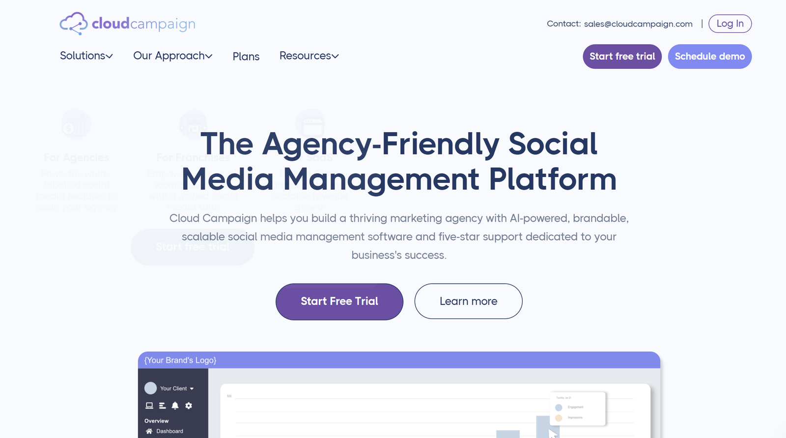 Cloud Campaign dashboard showing branded social media analytics and content calendar