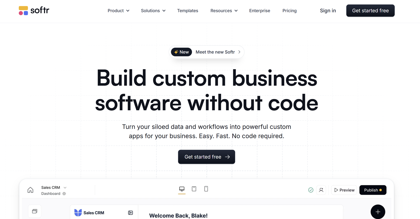 Softr no-code app builder dashboard interface showing drag-and-drop blocks and data integration features