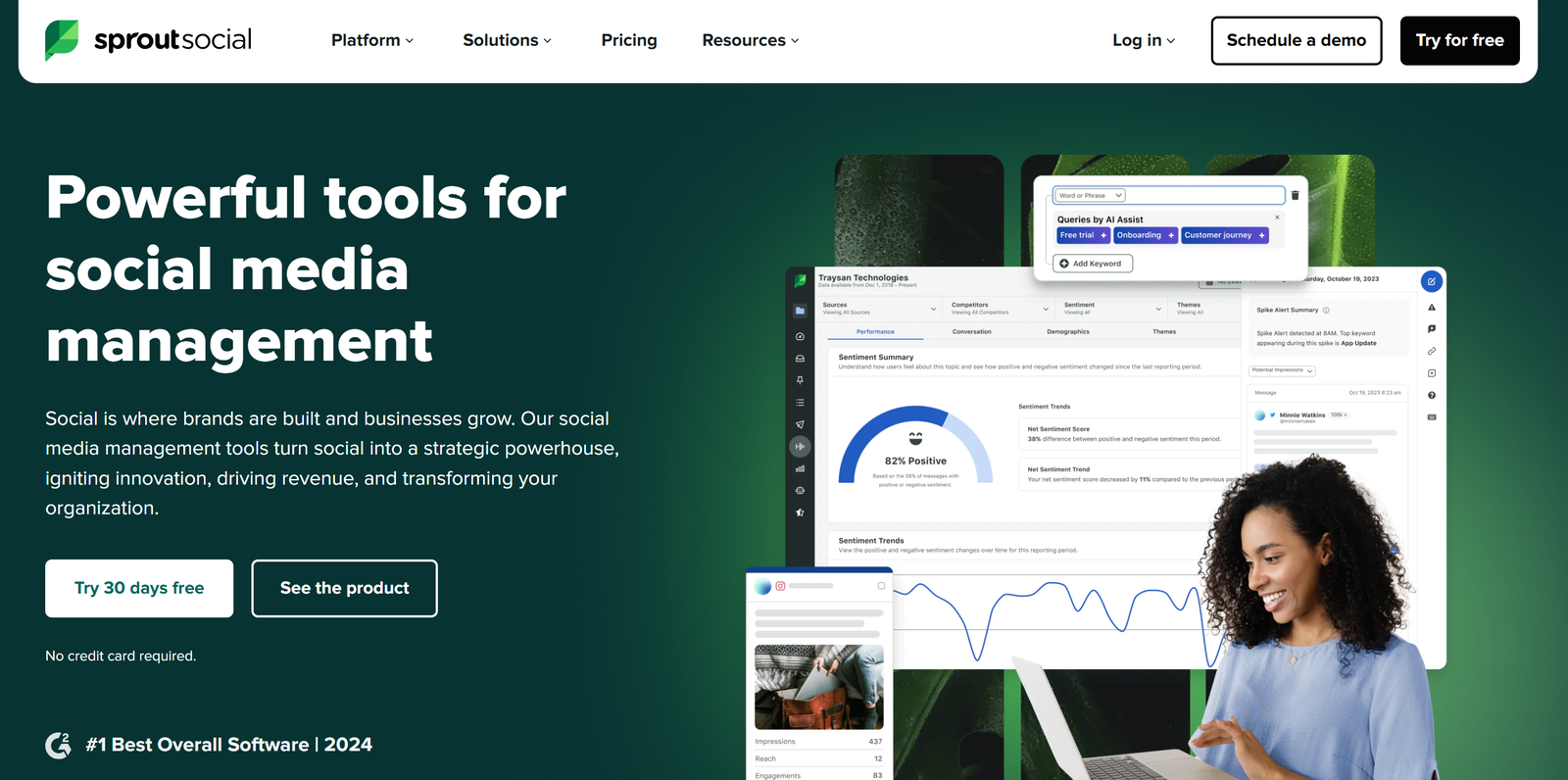 Sprout Social dashboard interface showing unified social media management and analytics tools