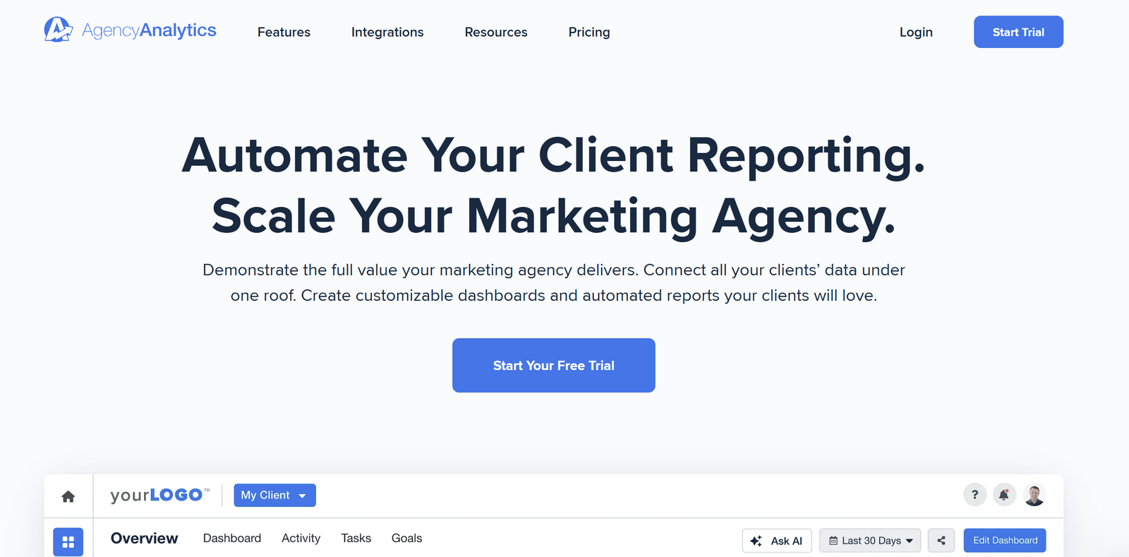 Professional marketing dashboard displaying real-time SEO, PPC, and social media analytics with white-label branding