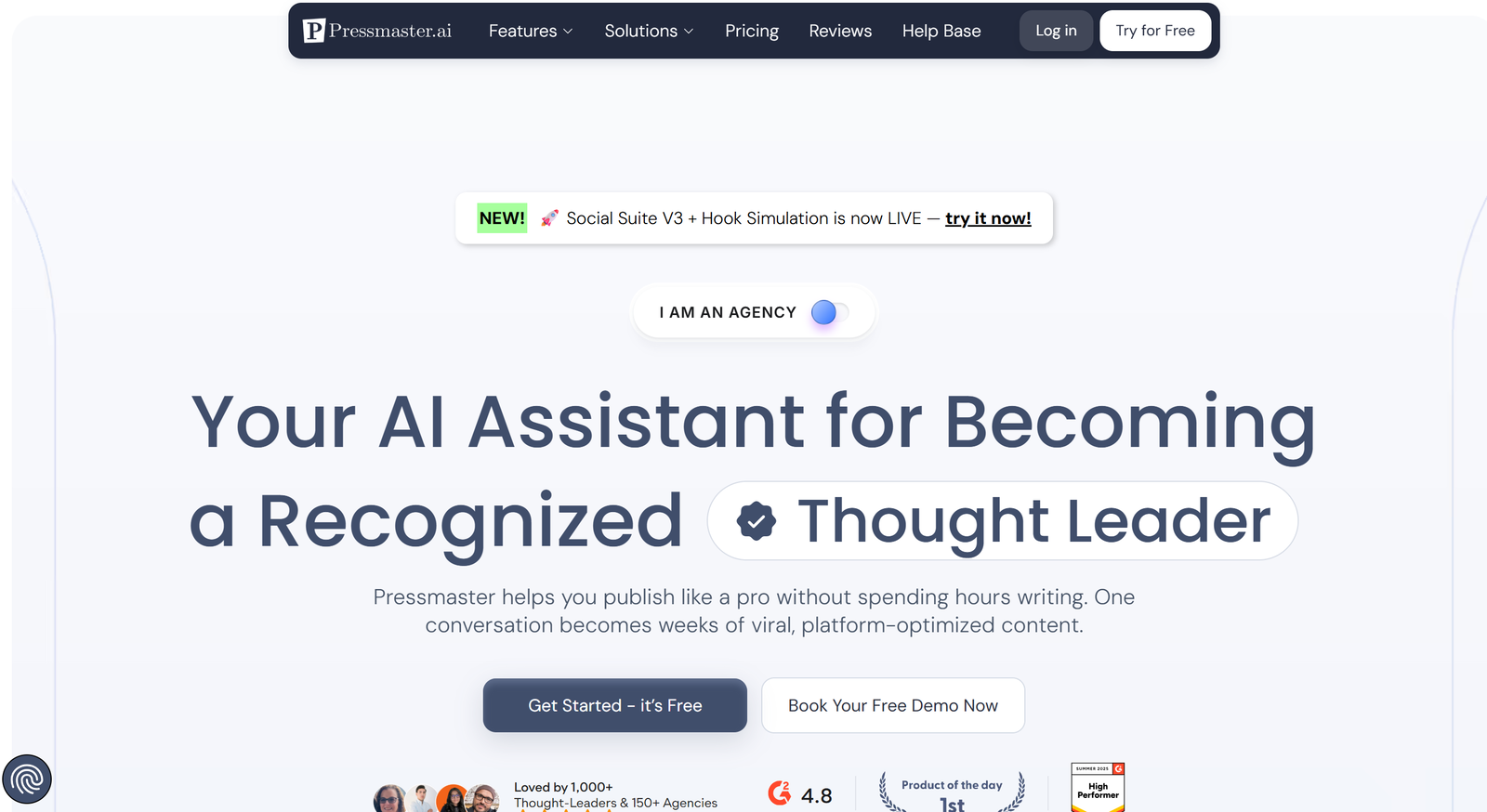 Pressmaster.ai dashboard interface showing AI content creation white-label platform features