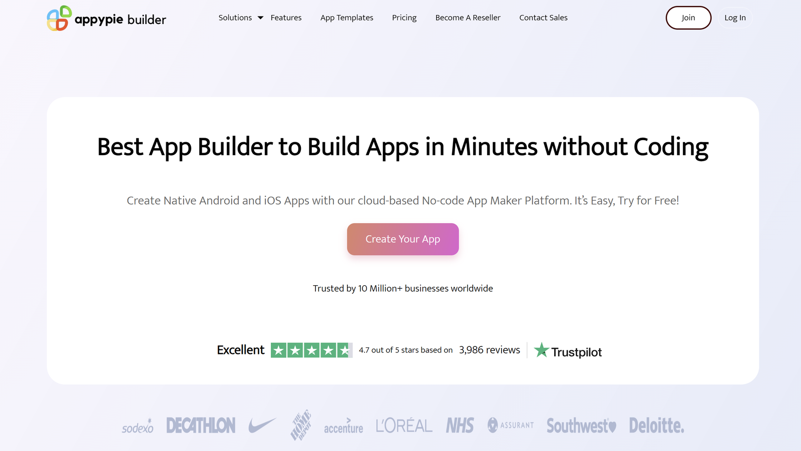 Appy Pie no-code app builder with drag-and-drop interface, white-label branding, and AI analytics dashboard.