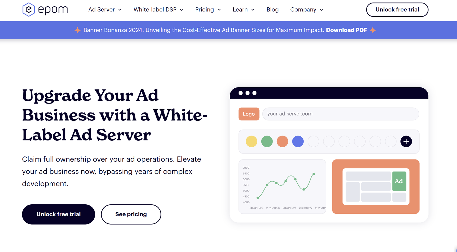 Epom white-label ad server dashboard showing customizable programmatic advertising analytics and campaign management interface
