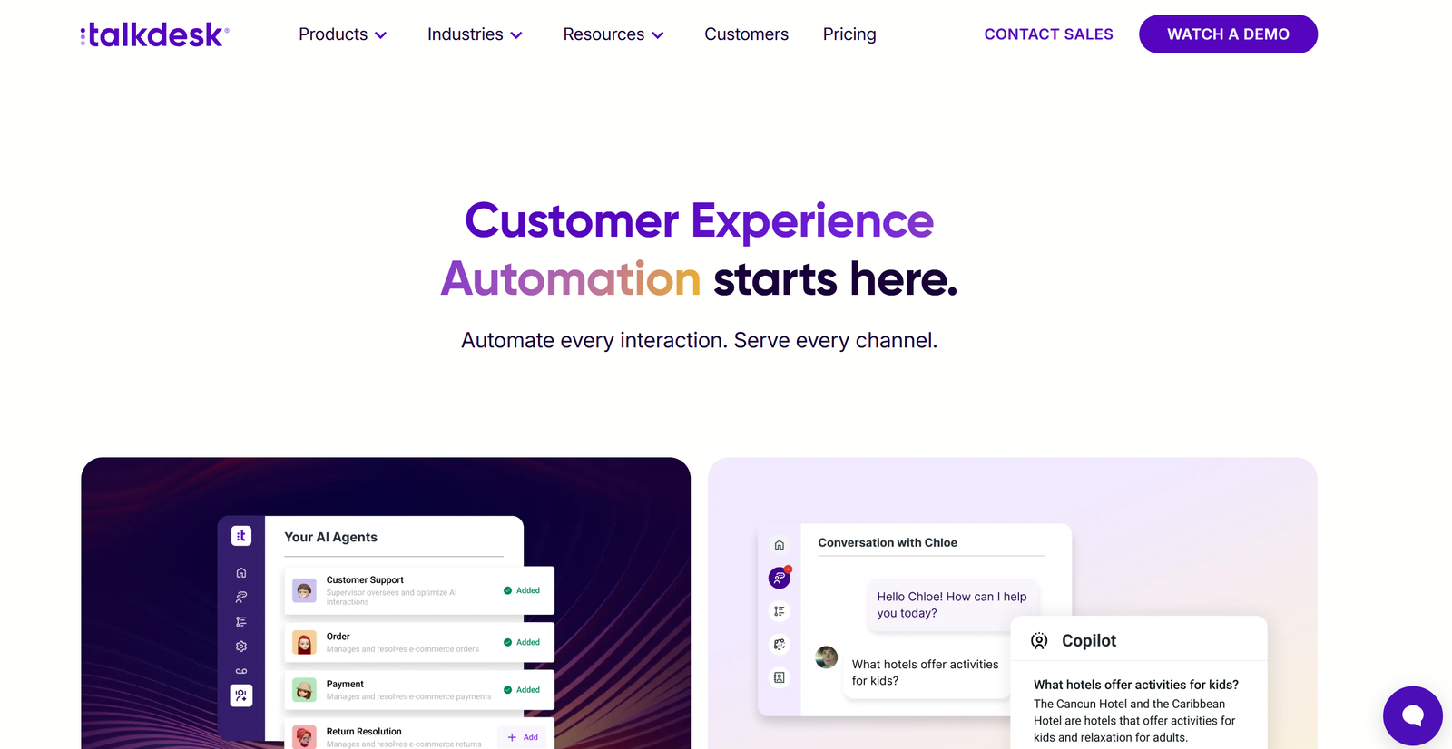 Talkdesk AI customer experience platform dashboard showing omnichannel contact center management interface