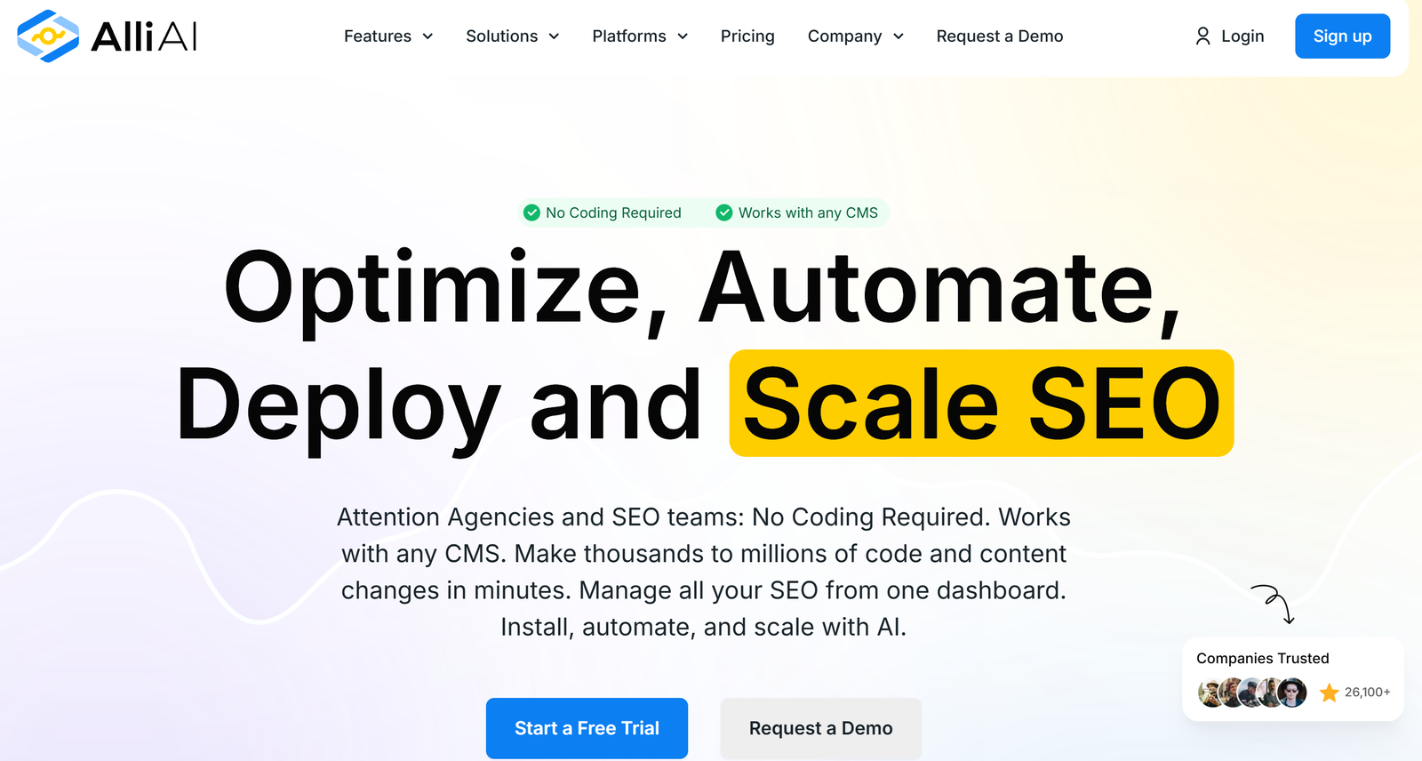 Alli AI dashboard interface showing automated SEO optimization and white-label reporting capabilities