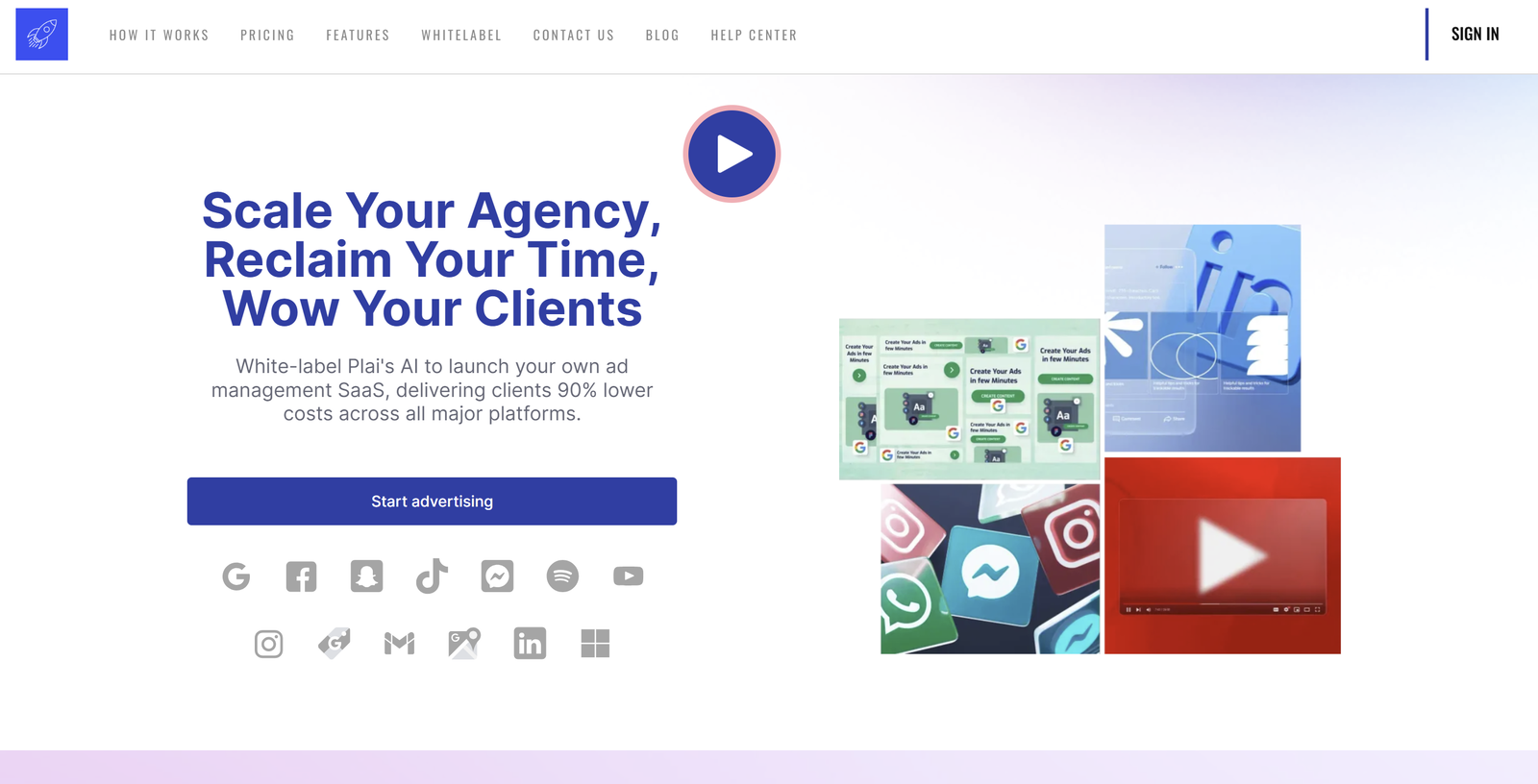 Plai AI-powered advertising dashboard showing white-label marketing campaign analytics and multi-platform automation interface