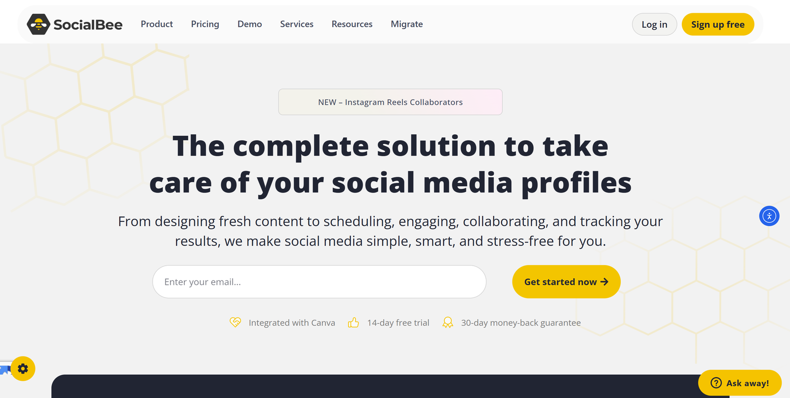 SocialBee social media management dashboard showing AI-powered content scheduling and multi-platform analytics interface