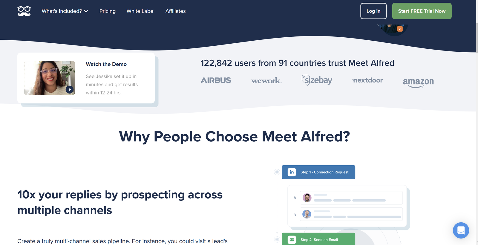 Meet Alfred dashboard interface showing LinkedIn automation campaigns with white-label branding options