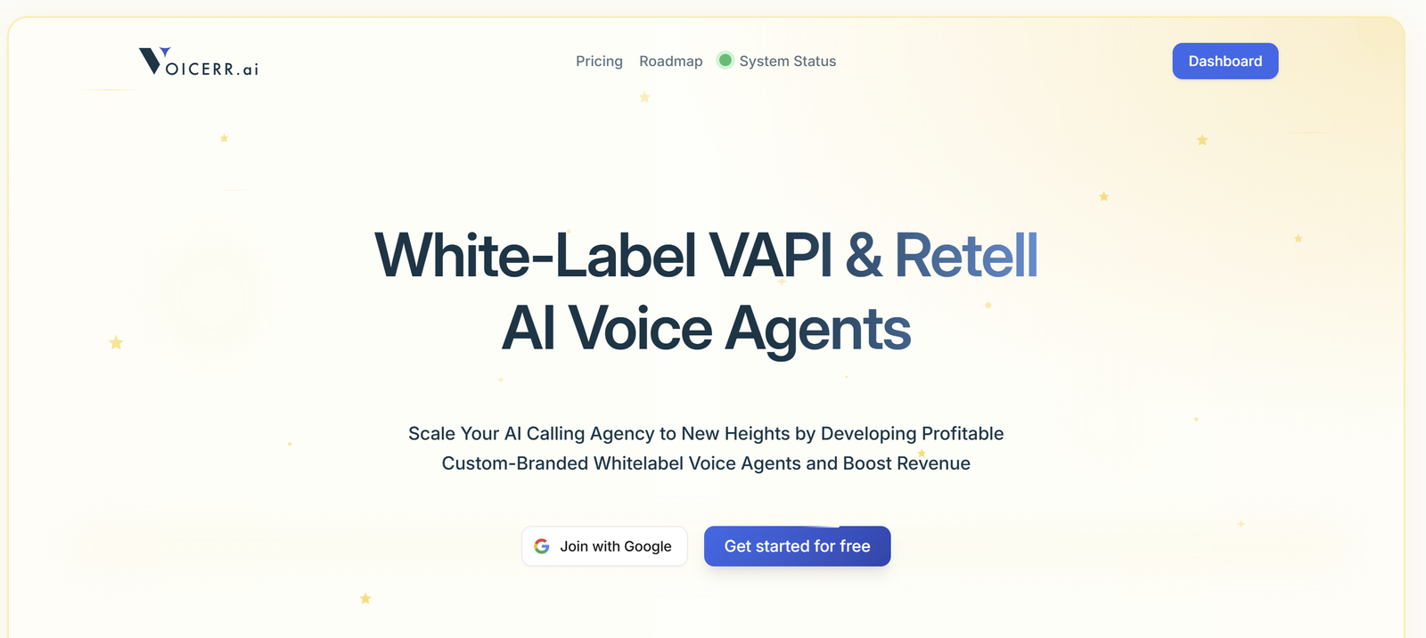 Voicerr dashboard interface showing white-label AI voice agent management and analytics