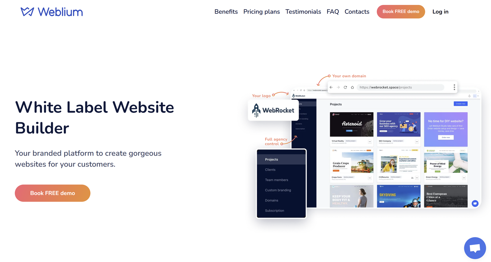 Weblium white-label website builder dashboard showing AI design supervisor and agency template library interface