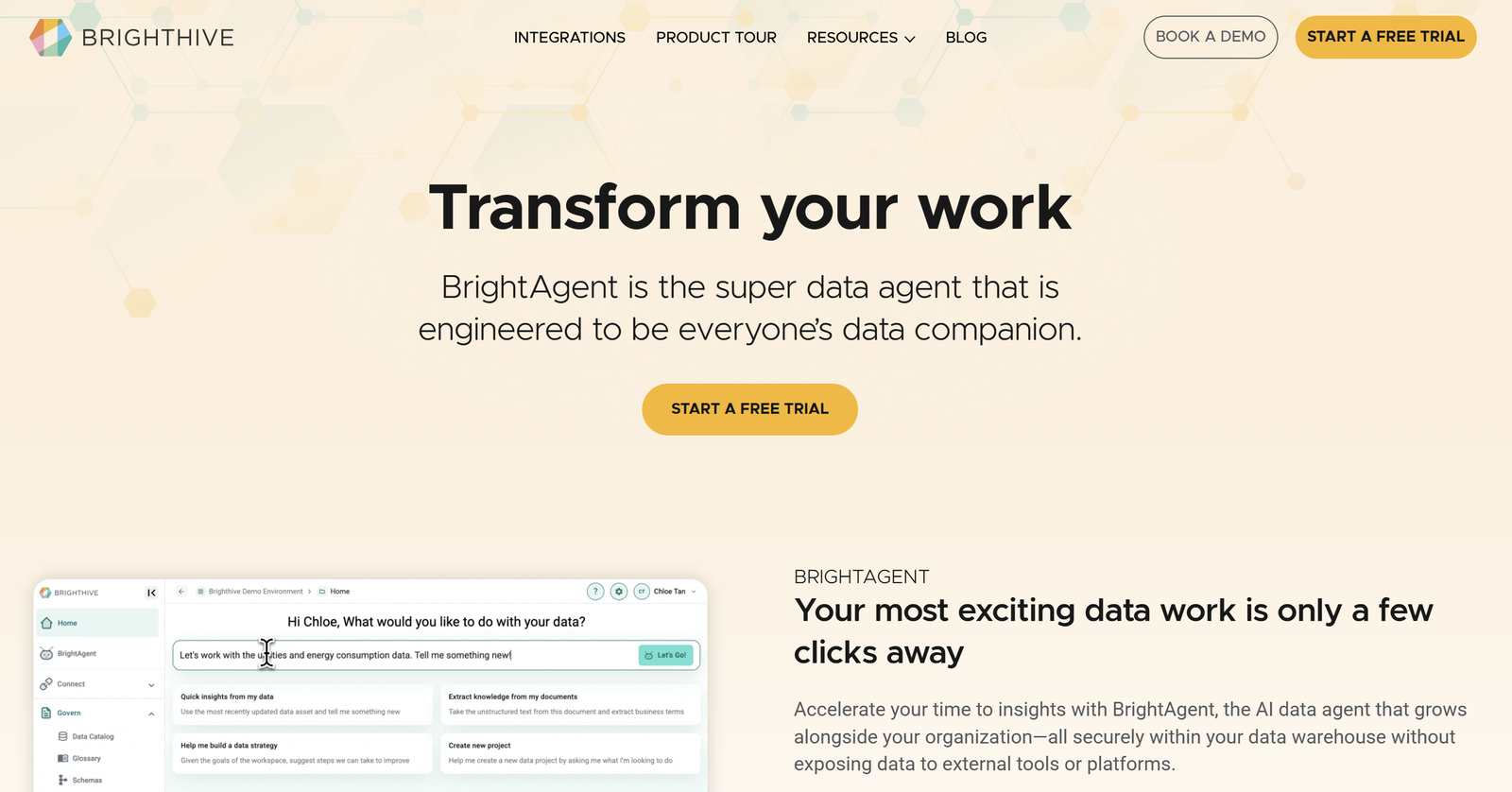 BrightHive AI data platform dashboard showing conversational interface with seven specialized data agents for enterprise analytics