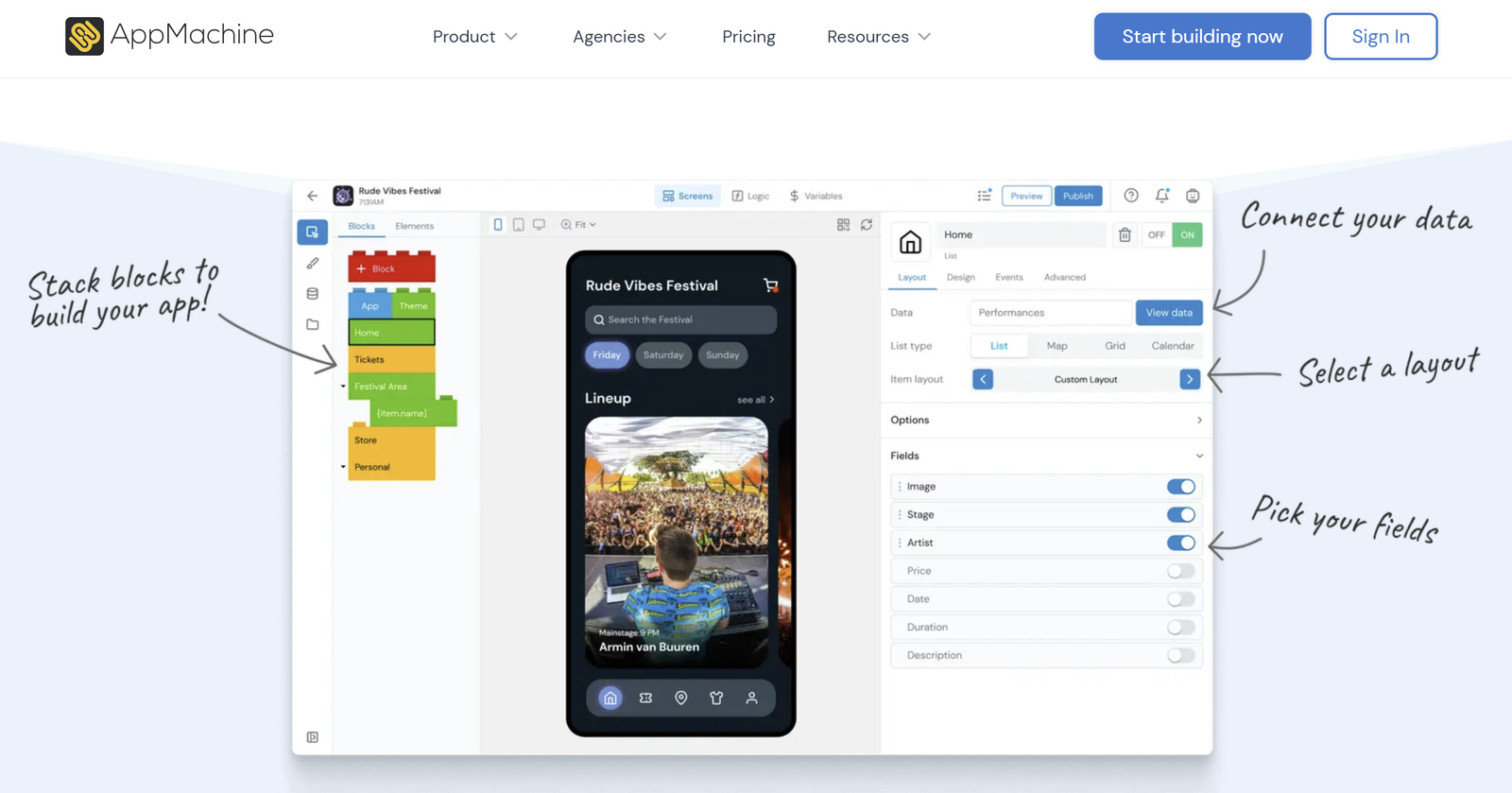 AppMachine dashboard showing drag-and-drop no-code mobile app builder interface