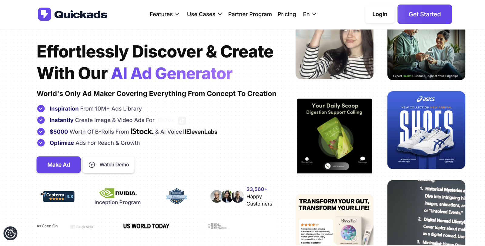 Quickads AI ad creation dashboard showing white-label branding and campaign analytics interface