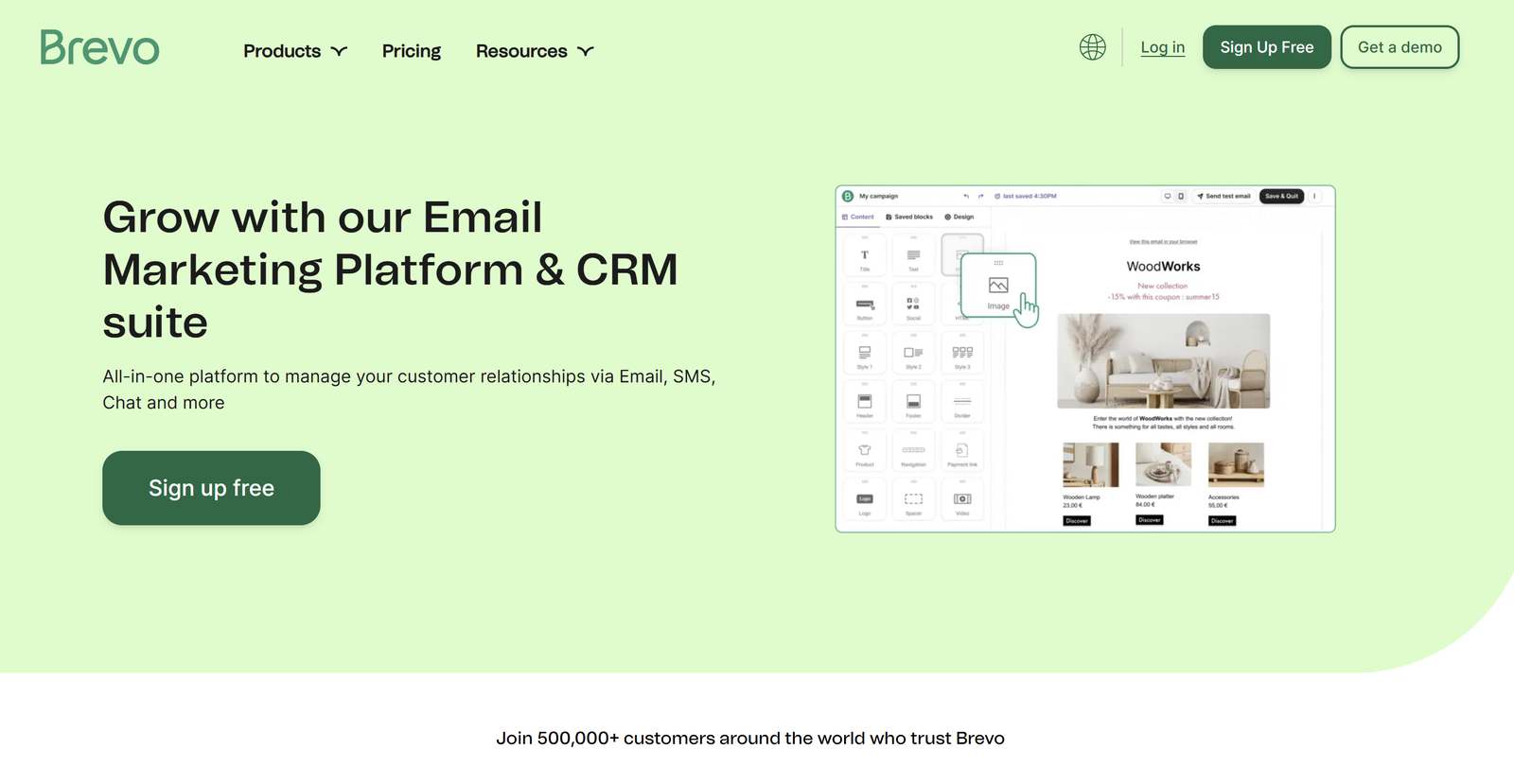 Brevo CRM platform dashboard showing email campaign analytics and AI-driven customer segmentation tools.