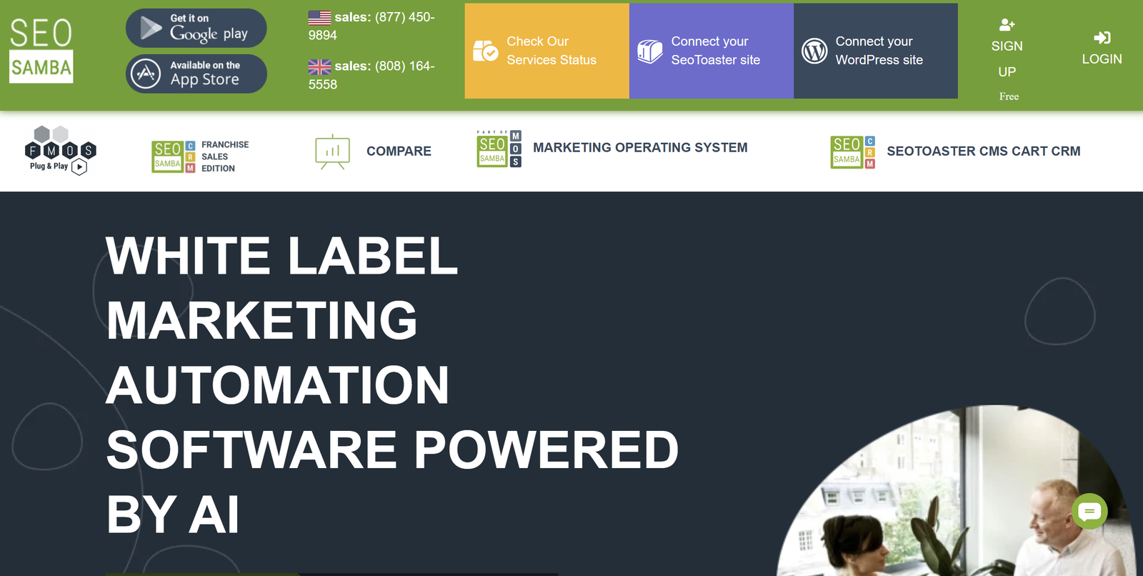 SeoSamba white-label marketing automation dashboard showing CRM, SEO, and social media management tools for agencies