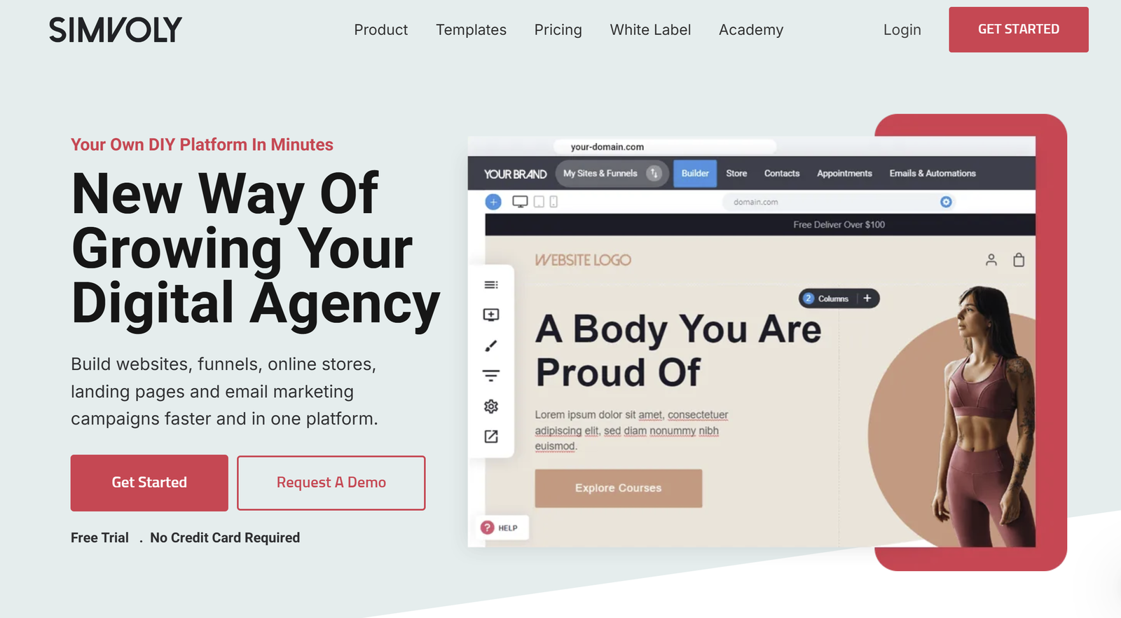 Simvoly’s dashboard displaying drag-and-drop website builder, funnel analytics, and AI content tools for streamlined business management