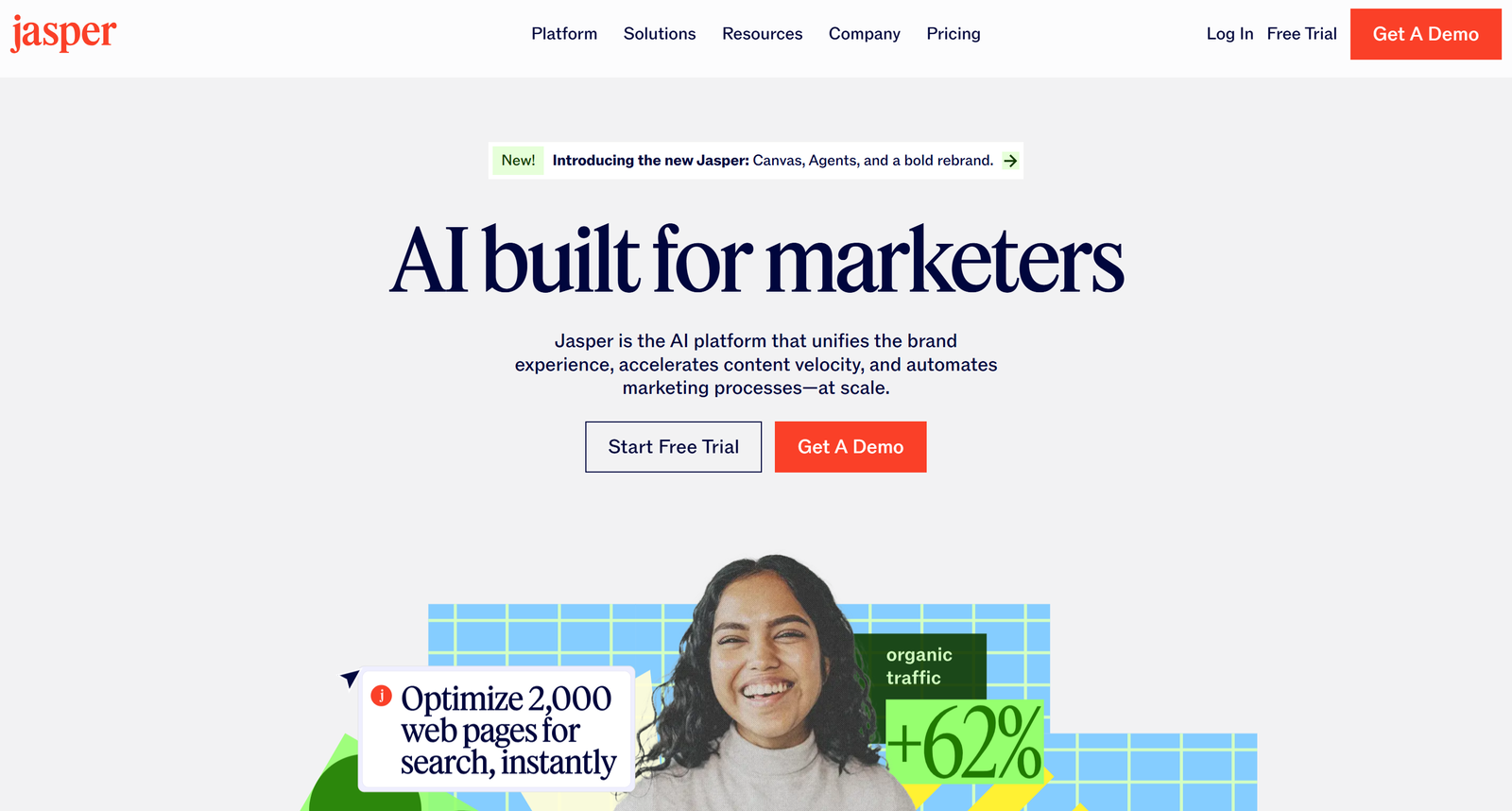 Jasper AI marketing platform dashboard showing Canvas workspace interface and brand voice content generation tools