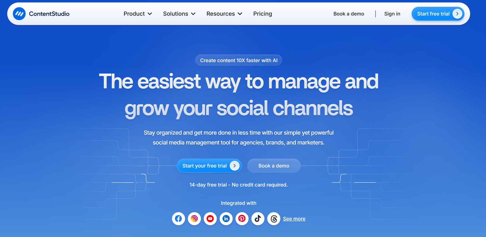 ContentStudio dashboard interface showing white-label social media management analytics and automation features