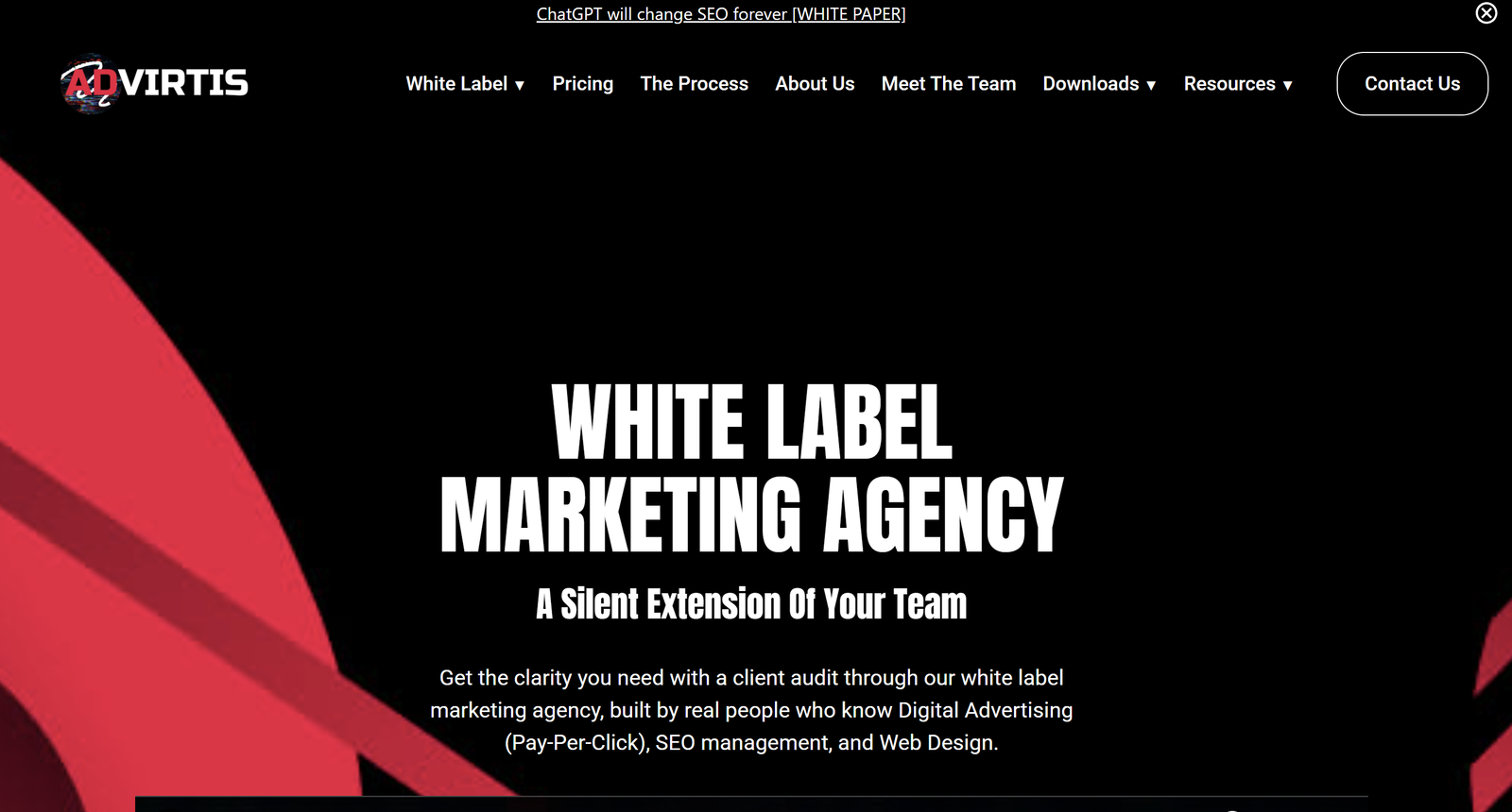 Advirtis dashboard displaying real-time SEO and PPC performance metrics for white-label agencies.