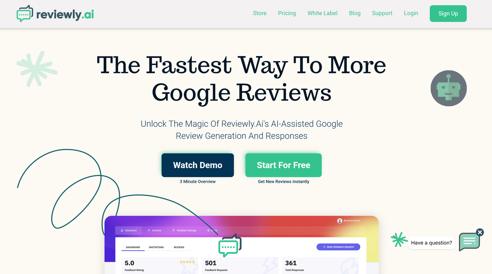 Reviewly.ai dashboard interface showing AI-powered Google review management analytics and white-label customization options