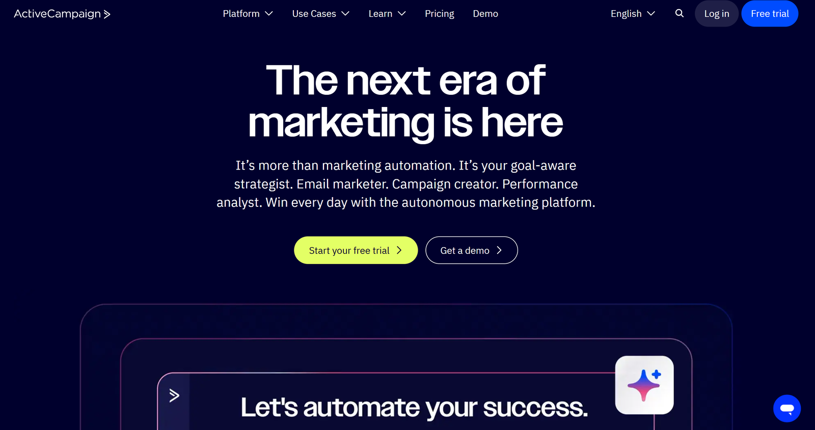 ActiveCampaign dashboard showing white-label marketing automation interface with AI-powered campaign builder